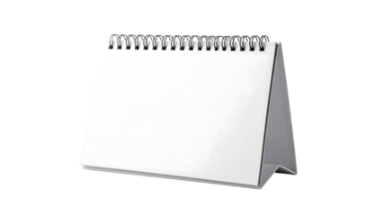 A blank desk calendar with a silver spiral binding stands isolated on a white background.