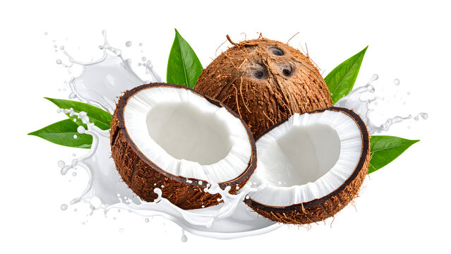 Two halves of a coconut and a whole coconut surrounded by splashing white liquid and green leaves on a white background.