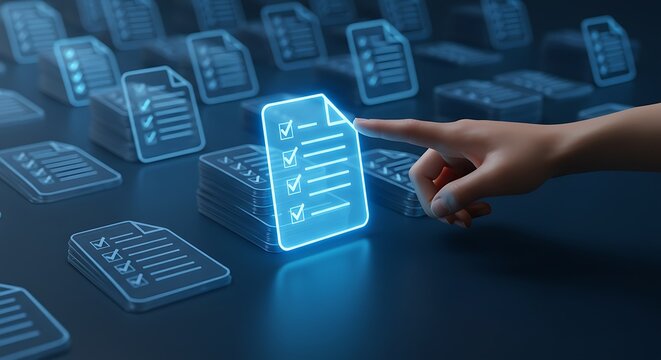 Hand selecting a glowing checklist document among many others digital management task completion selection 3D rendering technology