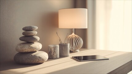 Calm Workspace Decor with Stones and Modern Tablet