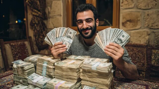 man holding a stack of cash money bills smiling