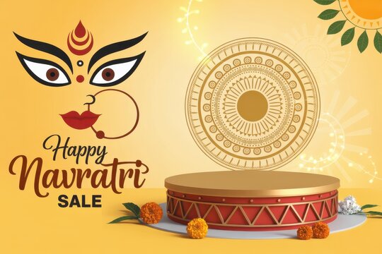 Happy navratri sale background with goddess durga face and floral decoration