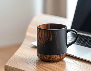 Woodgrain mug sits near a laptop on a desk, bathed in natural light from a nearby window. Focus is sharp on the cup, softly blurred elsewhere