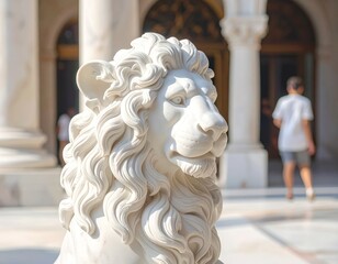 Marble lion statue guarding an entrance with fluted columns and ornate doors, background includes blurred figures and sunlight