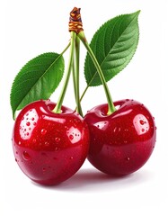 Two glossy, deep-red cherries dangle, stems intertwined, framed by vibrant green leaves against a white backdrop, sprinkled with water droplets