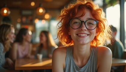 Happy young Caucasian woman in glasses at cafe with friends