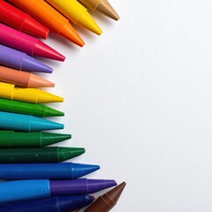 A vibrant collection of crayons arranged in a colorful arc against a stark white backdrop, creating a sense of artistic potential