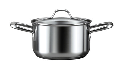 Shiny stainless steel cooking pot with lid, isolated on a bright background, perfect for showcasing culinary creations and cooking essentials. Isolated On Transparent and White Background