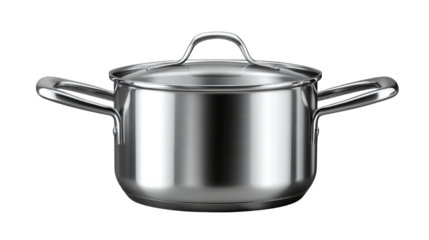 Shiny stainless steel cooking pot with lid, isolated on a bright background, perfect for showcasing culinary creations and cooking essentials. Isolated On Transparent and White Background