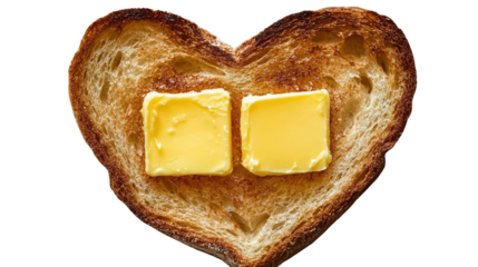 heart-shaped toast adorned with rich, golden butter cubes, a warm and inviting image that evokes feelings of comfort and simplicity. Isolated On Transparent and White Background
