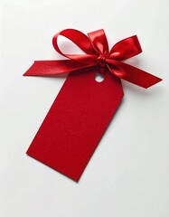 A red gift tag is tied with a matching satin bow against a white background, providing a clean and festive image for various uses