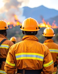 Firefighters in orange gear face flames on distant hills. Mountain backdrop blurred. Hazy golden light fills the scene