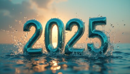 Numbers 2025 splashing into ocean at sunrise, serene mood