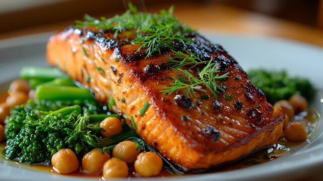 Grilled salmon fillet with fresh dill, chickpea, broccolini, and herb glaze, served steamed broccolini and chickpeas, garnished with herbs