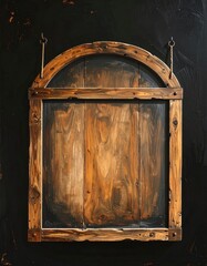 Weathered wood sign frame hangs from chain against a dark, textured background. Warm brown & black tones give rustic, vintage aesthetic