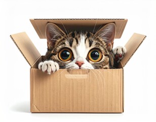 A playful tabby cat with large, curious eyes peeks out from a cardboard box, paws resting on the edge against a clean, white backdrop