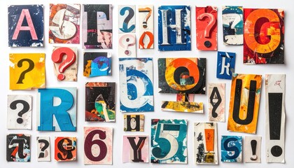Collage of cut-out letters, numbers, question marks, and exclamation marks in varying styles and colors arranged haphazardly on a white surface