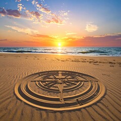 Golden hour on a sandy beach, a compass rose etched in the sand facing the sea. Waves gently roll as the sun sets with soft clouds above