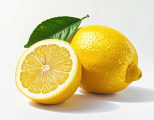 Two lemons sit on a bright surface, one cut in half revealing juicy segments, and a green leaf rests on the citrus fruit