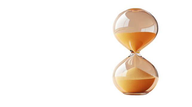 hourglass with descending yellow sand, symbolizing time and the passage of moments, perfect for illustrating themes of urgency, deadlines. Isolated On Transparent and White Background