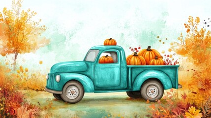 Fototapeta premium Rustic truck carrying pumpkins and flowers in autumn landscape