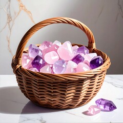A woven basket overflowing with pastel rose quartz and amethyst crystal points on a marble surface against a blurred, marble backdrop