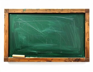 Green chalkboard with a worn wooden frame, chalk dust, and a piece of chalk, isolated on white
