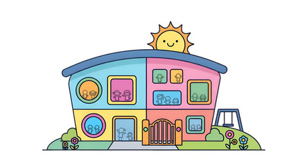 Cartoon Illustration of School Building with Playful Figures