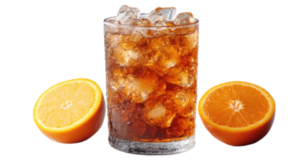Refreshing drink with ice cubes and juicy orange halves, a perfect blend of refreshment and vibrant flavors. A refreshing beverage to quench your thirst. Isolated On Transparent and White Background