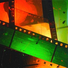 An abstract artwork featuring superimposed photographic film strips in vibrant greens, oranges, & blacks, creating textural and color interplay