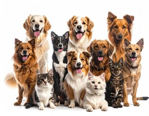 A gathering of dogs and cats, posed closely together against a bright white backdrop in a studio setting, creating a diverse animal portrait