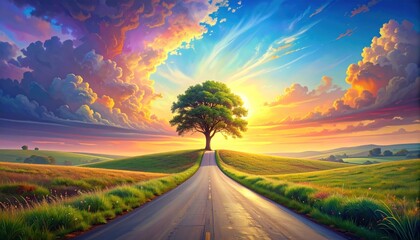 A road stretches toward a lone tree silhouetted against a colorful sunset sky. Rolling green hills flank the road under vibrant, dynamic clouds