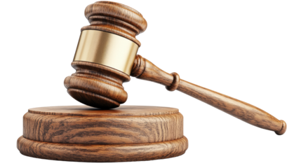 wooden gavel on a stand, symbolizing justice, law, and legal proceedings. Isolated On Transparent and White Background