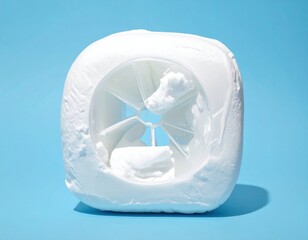 White cubic container with geometric inner structure, set against a bright blue backdrop, casts gentle shadows