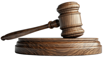 wooden gavel poised on its block. A symbol of justice and authority. The image is rendered with photorealistic clarity. Isolated On Transparent and White Background