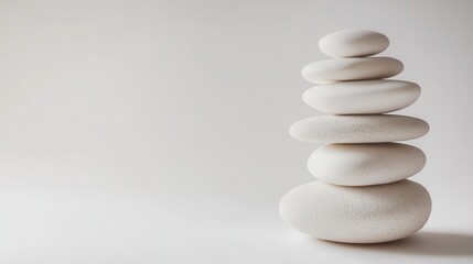 Fototapeta premium Six balanced stones stacked indoors on white background