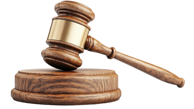 wooden gavel on a stand, symbolizing justice, law, and legal proceedings. Isolated On Transparent and White Background