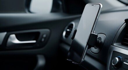 Fototapeta premium Silver smartphone mounted in car interior car mount