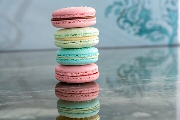 A stack of colorful macarons with pink green and blue stacked on a reflective surface against a blue background