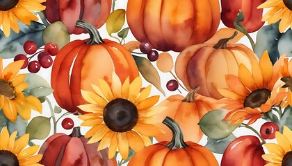 Autumn Watercolor Pumpkins and Sunflowers Pattern