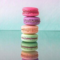 A stack of colorful macarons on a reflective surface against a light blue background studio shot close up