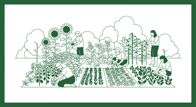 Vector art of people gardening and tending to plants in a community garden