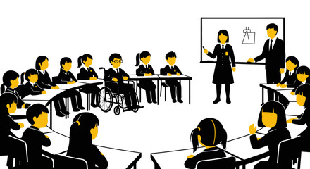 Vector art of classroom setting with teacher and students, including a student in a wheelchair