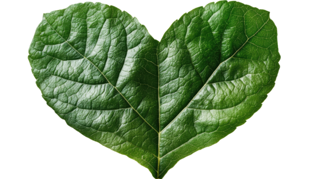 A heart-shaped leaf is a symbol of love, health, and nature's beauty and an example of natural artwork. The fresh green hue radiates life and harmony. Isolated On Transparent and White Background