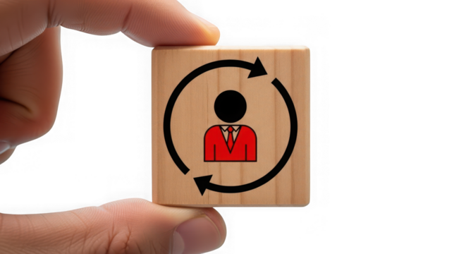 Hand holding a wooden block with a person icon and circular arrows, symbolizing employee rotation or change, isolated on transparent background