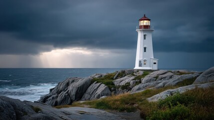 Obraz premium Preserving Our Heritage: The Lighthouse Stands Tall Amidst Stormy Seas and Dark Skies