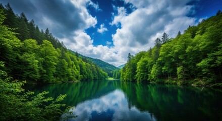 Obraz premium Serene Mountain Lake Reflecting Lush Green Forest and Dramatic Sky