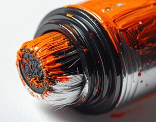 Extreme close-up of paintbrushes saturated with vibrant orange paint and silvery accents, contrasting against white backgrounds