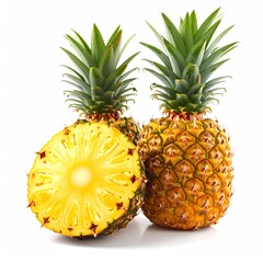 A vibrant shot showcasing two whole pineapples and a halved pineapple, highlighting their textured skins, leafy tops, and juicy, yellow interiors