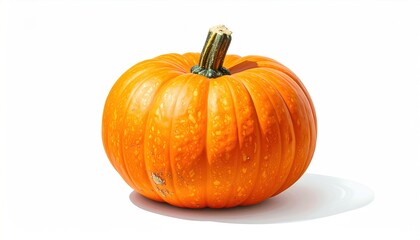 A bright orange pumpkin sits on a white surface with a soft shadow, showing its textured skin and ridged stem in natural light
